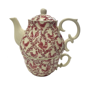 Tea Sets Teaware 6-3/4″ Red Rooster Stacked Transferware Porcelain Teapot and Cup for One – Antique Reproduction