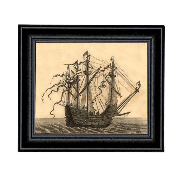 Prints Nautical 1520 English Ship 4-1/2″ x 5-1/2″ Print Behind Glass. Black Solid Wood Frame. Framed size is 6-1/4″ x 7-1/4″.