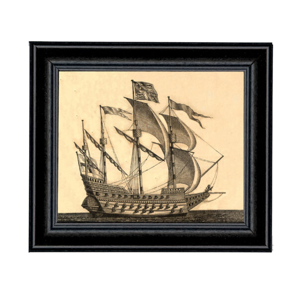 Prints Nautical 1578 British Ship of War 4-1/2″ x 5-1/2″ Print Behind Glass. Black Solid Wood Frame. Framed size is 6-1/4″ x 7-1/4″.