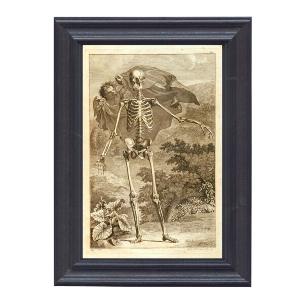 Prints Halloween Skeleton and Angel 5-1/2 x 8″ Print Behind Glass. Black Solid Wood Frame. Framed size is 7-1/4 x 9-3/4″.