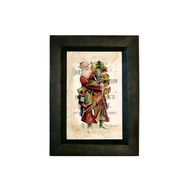 Prints Christmas Santa with Armful of Toys Print Behind Glass in Black Distressed Wood Frame. Framed size is 7-1/4″ x 5-1/4″.