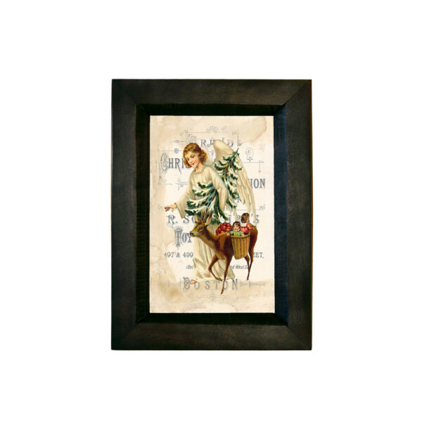 Prints Christmas Victorian Angel with Christmas Tree and Deer Print Behind Glass in Black Distressed Solid Wood Frame