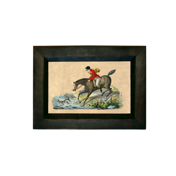 Prints Equestrian Follow The Hound 4″ x 6″ Print Behind Glass. Black Distressed Solid Wood Frame. Framed size is 7-1/4″ x 5-1/4″.