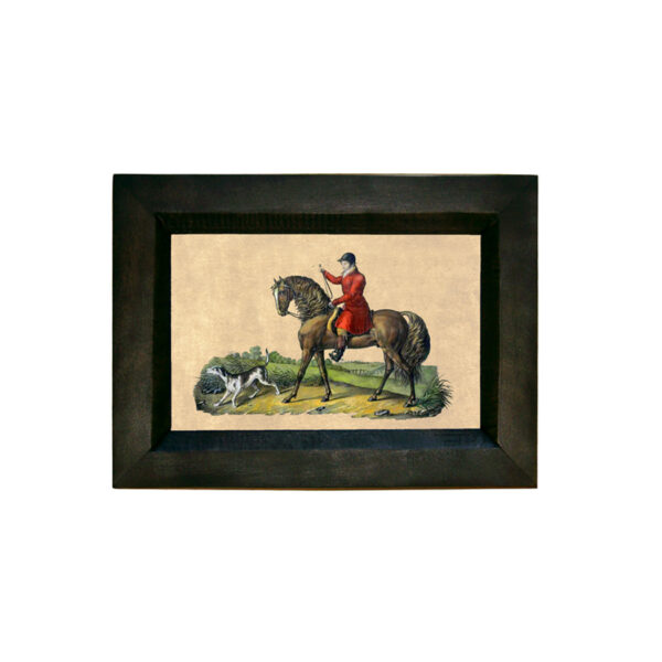 Prints Equestrian English Hunter 4″ x 6″ Print Behind Glass. Black Distressed Solid Wood Frame. Framed size is 7-1/4″ x 5-1/4″.