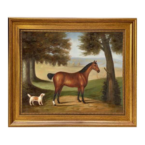 Equestrian Paintings Equestrian Horse and Dog in Landscape Framed Oil Painting Print on Canvas in Antiqued Gold Frame. A 11×14 framed to 15-1/2 x 18-1/2″