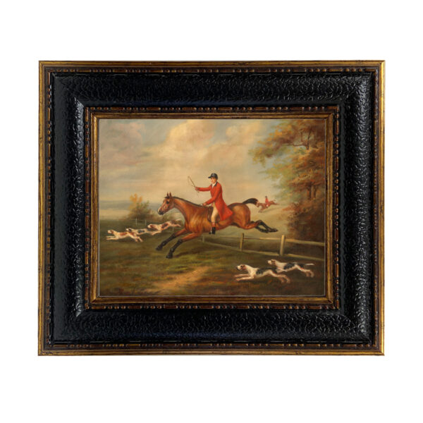 Equestrian Paintings Equestrian Fox Hunting Scene by J.N. Sartorius (c1810) Framed Oil Painting Print on Canvas in Leather-Look Black and Antiqued Gold Frame