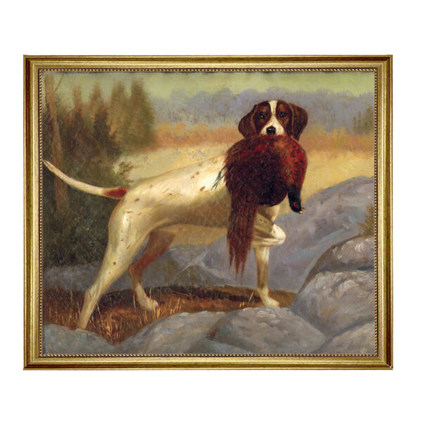 Sporting and Lodge Paintings Lodge/Landscape Pointer with Pheasant Framed Oil Painting Print on Canvas in Antiqued Gold Frame. A 23.5 x 29.5″ framed to 27-1/2″ x 33-1/2″.