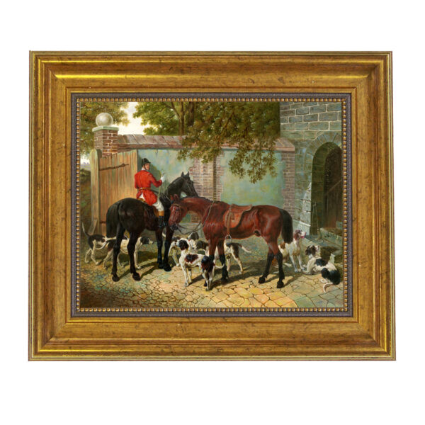 Equestrian Paintings Equestrian Preparing for the Hunt Framed Oil Painting Print on Canvas in Antiqued Gold Frame. An 8″ x 10″ framed to 11-1/2″ x 13-1/2″.