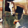 Dogs/Cats Dogs Dog and Horse at Stable Framed Oil Painting Print on Canvas in Antiqued Gold Frame