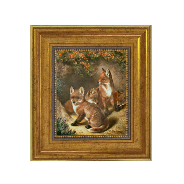 Equestrian Paintings Equestrian Four Young Foxes Framed Oil Painting Print on Canvas in Antiqued Gold Frame. A 5 x 6″ framed to 8-1/2 x 9-1/2″.