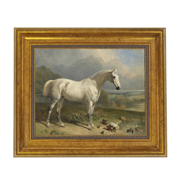 Equestrian Paintings Equestrian Gray Horse with Ducks Framed Oil Painting Print on Canvas in Antiqued Gold Frame. An 8 x 10″ framed to 11-1/2 x 13-1/2″.