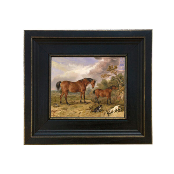 Equestrian/Fox Dogs Two Horses with Dogs and Rabbit Framed Oil Painting Print on Canvas in Distressed Black Wood Frame