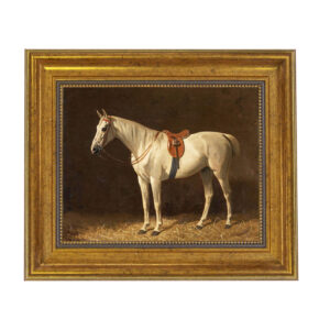 Equestrian/Fox Equestrian Saddled Grey Horse Oil Painting Print on Canvas in Antiqued Gold Frame