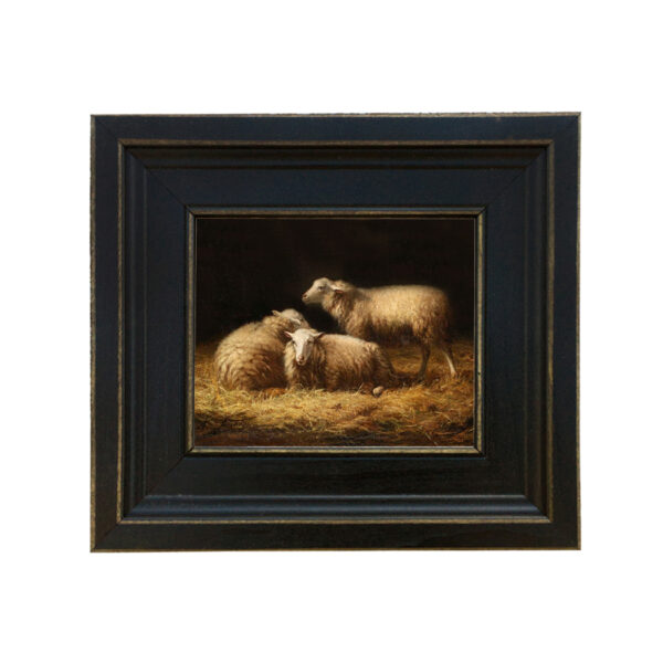 Farm/Pastoral Farm Sheep in Hay Framed Oil Painting Print on Canvas in Distressed Black Wood Frame