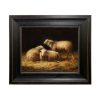 Farm/Pastoral Farm Sheep in Hay Framed Oil Painting Print on Canvas in Distressed Black Wood Frame