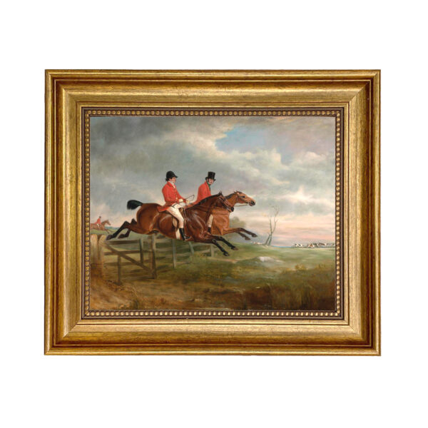 Equestrian/Fox Equestrian Taking the Fence Together Framed Oil Painting Print on Canvas in Antiqued Gold Frame