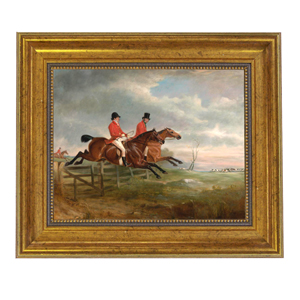 Equestrian Paintings Equestrian Taking the Fence Together Framed Oil Painting Print on Canvas in Antiqued Gold Frame. An 8 x 10″ framed to 11-1/2 x 13-1/2″.