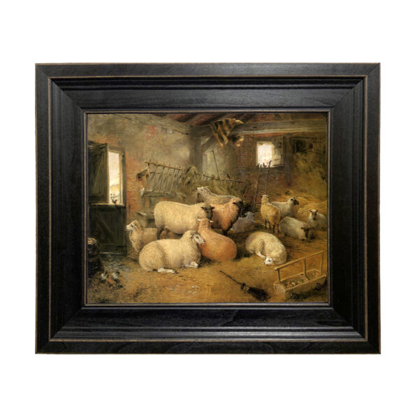 Farm/Pastoral Farm Sheep in the Barn Framed Oil Painting Print on Canvas in Distressed Black Wood Frame