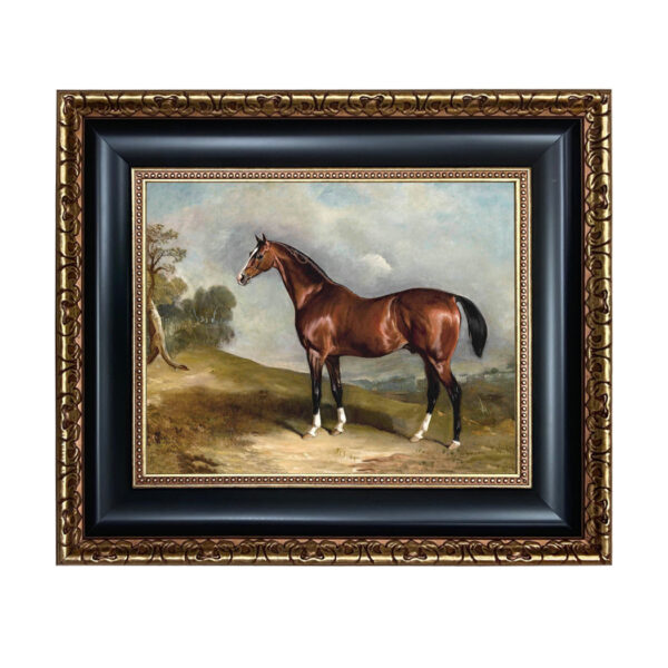 Equestrian/Fox Equestrian Portrait of Sultan in Landscape Framed Oil Painting Print on Canvas in Black and Antiqued Gold Frame