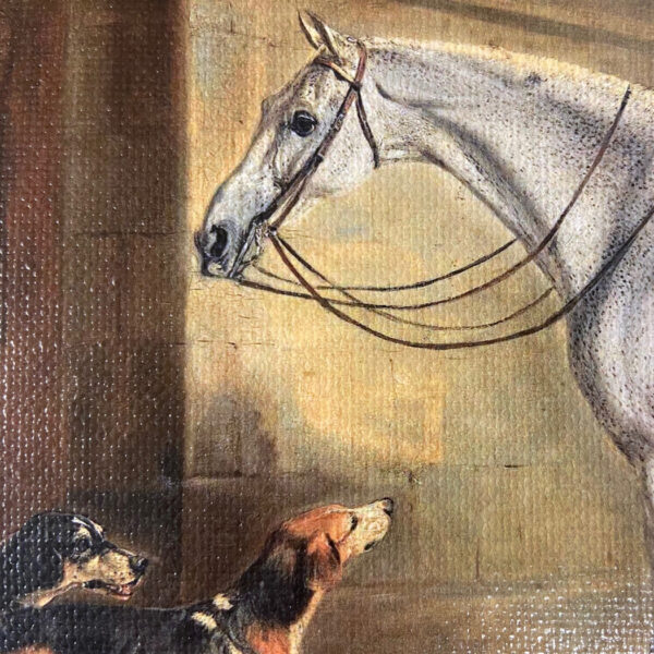 Equestrian/Fox Equestrian Saddled Grey with Hounds –  Reproduction Oil Painting Print on Canvas Framed in a Brown/Black Solid Oak Frame. A 8×10 framed to 12-3/4 x 14-3/4″