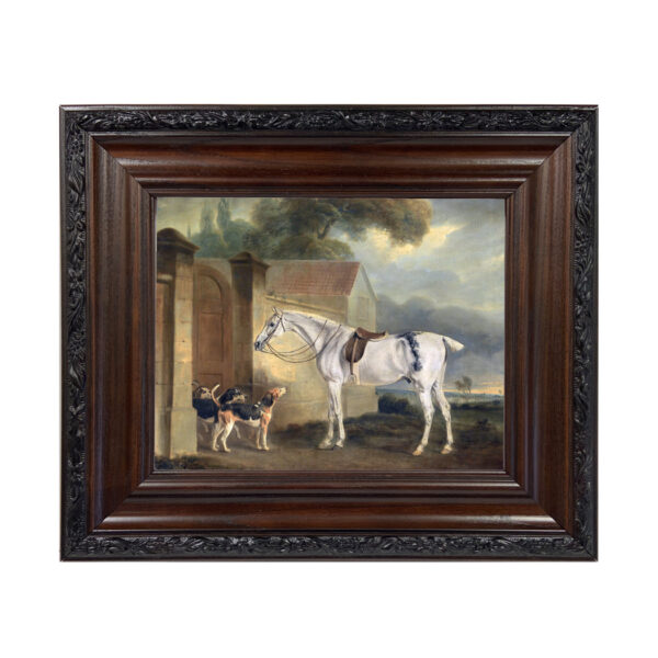 Equestrian Paintings Equestrian Saddled Grey with Hounds –  Reproduction Oil Painting Print on Canvas Framed in a Brown/Black Solid Oak Frame. A 8×10 framed to 12-3/4 x 14-3/4″