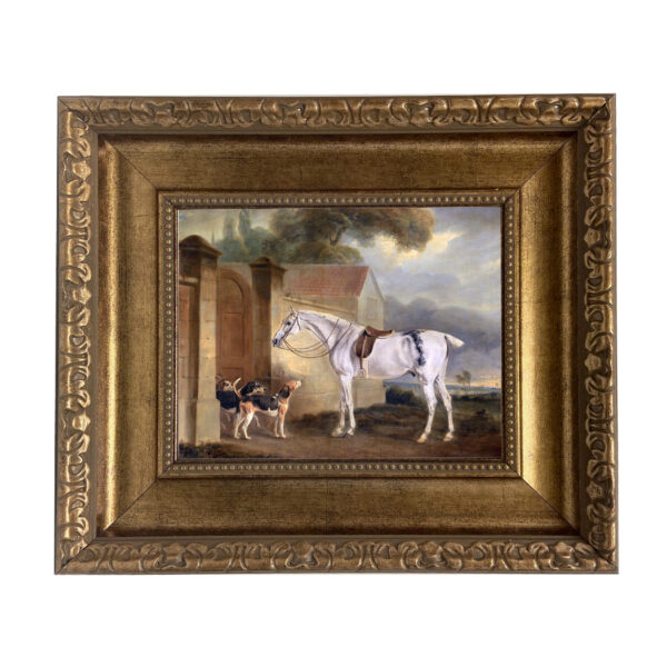 Equestrian Paintings Equestrian Saddled Grey Horse with Hounds –  Oil Painting Print on Canvas in Antiqued Gold Frame. Painting is 8×10″ and framed to 14 x 16″.