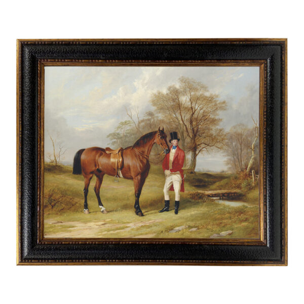 Equestrian Paintings Equestrian Gentleman Standing Beside Saddled Hunter Framed Oil Painting Print on Canvas in Leather-Looking Black and Antiqued Gold Frame. A 16×20″ framed to 21-1/2″ x 25-1/2″.