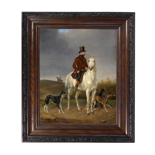 Equestrian/Fox Equestrian Hunting with Greyhounds Oil Painting Print on Canvas Framed in a Brown/Black Solid Oak Frame