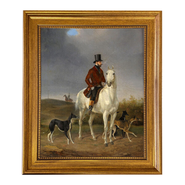 Equestrian Paintings Equestrian Hunting with Greyhounds by Gustav Quentell Reproduction Oil Painting Print on Canvas Framed in a Brown/Black Solid Oak Frame. A 11×14 framed to 15-1/2 x 18-1/2″