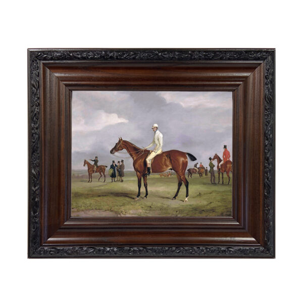 Equestrian Paintings Equestrian Captain Horatio Ross on Clinker –  by John Ferneley –  Reproduction Oil Painting Print on Canvas Framed in a Brown/Black Solid Oak Frame. A 8×10 framed to 12-3/4 x 14-3/4″