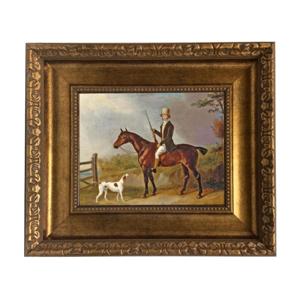 Equestrian Paintings Equestrian A Gentleman with His Hunter and Pointer by William Barber Oil Painting Print on Canvas in Antiqued Gold Frame. Painting is 8×10″ and framed to 14 x 16″.