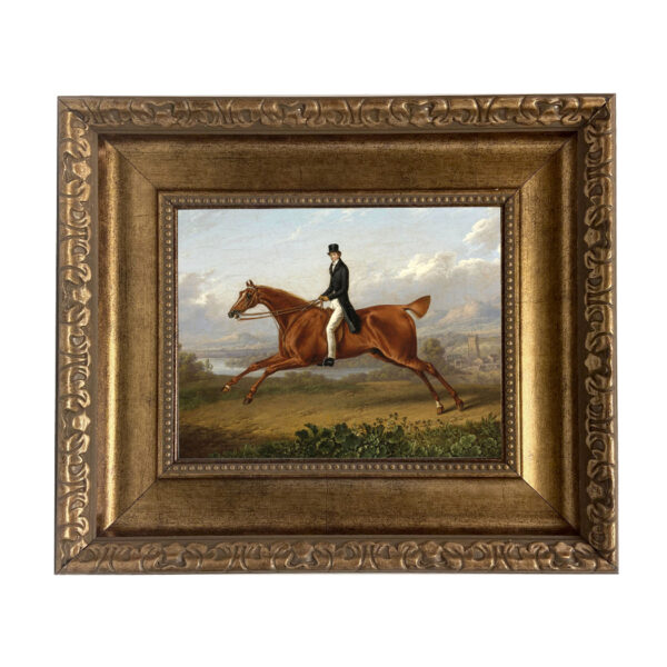 Equestrian/Fox Equestrian A Gentleman on a Galloping Chestnut Horse by Charles Towne –  Oil Painting Print on Canvas in Antiqued Gold Frame. Painting is 8×10″ and framed to 14 x 16″.