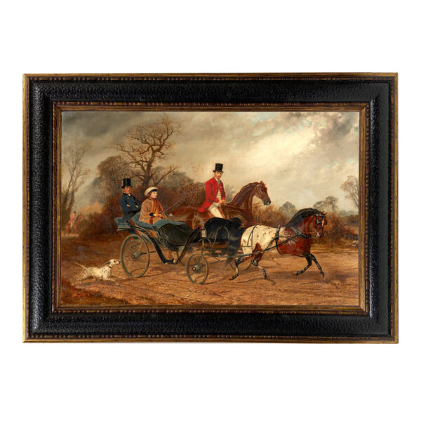 Equestrian/Fox Equestrian Lady Clifford-Constable Driving a Carriage Framed Oil Painting Print on Canvas in Leather-Look Black and Antiqued Gold Frame. A 15×24″ framed to 20-1/2 x 29-1/2″.