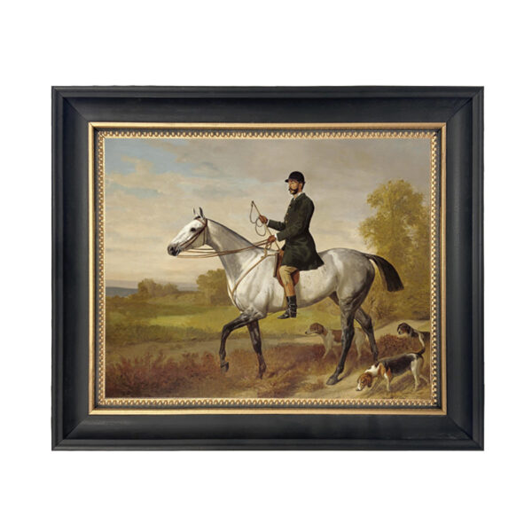 Equestrian/Fox Equestrian A Huntsman with Horse and Hounds by Adam Emil Framed Oil Painting Print on Canvas in Black and Gold Wood Frame. An 8″ x 10″ framed to 10-3/4″ x 12-3/4″.