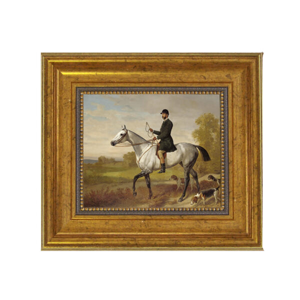 Equestrian Paintings Equestrian A Huntsman with Horse and Hounds by Adam Emil Framed Oil Painting Print on Canvas in Antiqued Gold Frame. A 5″ x 6″ framed to 8-1/2″ x 9-1/2″.