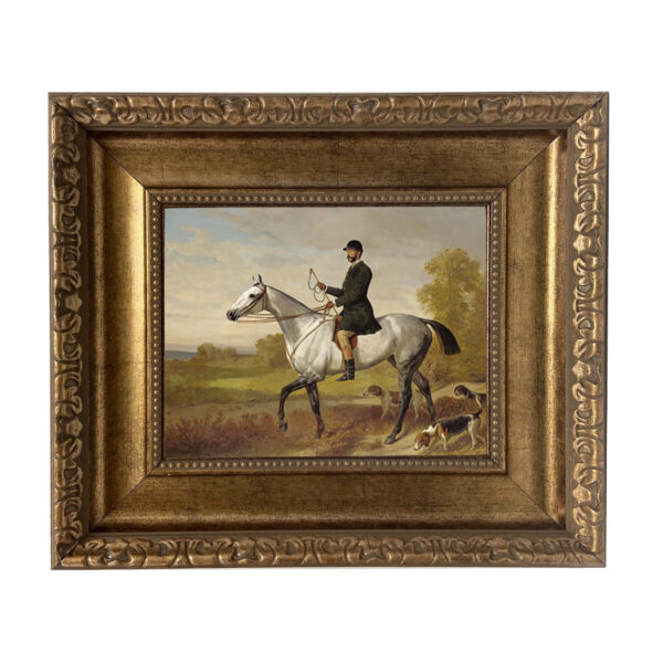 Equestrian/Fox Equestrian A Huntsman with Horse and Hounds by Adam Emil Framed Oil Painting Print on Canvas in Antiqued Gold Frame. An 8×10″ framed to 14″ x 16″.