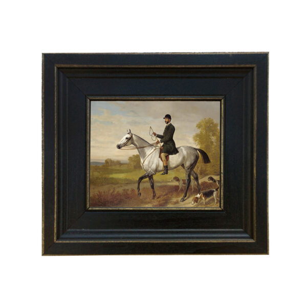 Equestrian/Fox Equestrian A Huntsman with Horse and Hounds by Adam Emil Framed Oil Painting Print on Canvas in Distressed Black Wood Frame. A 5″ x 6″ framed to 8-1/2″ x 9-1/2″.