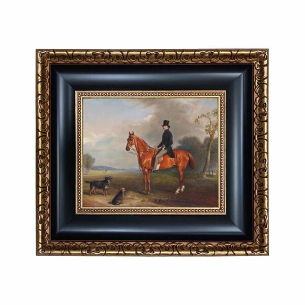 Equestrian/Fox Dogs Sir Montague Welby on a Chestnut Hunter with Terrier by John Ferneley Snr Framed Oil Painting Print on Canvas in Black and Antiqued Gold Frame. An 8″ x 10″ framed to 14″ x 16″.