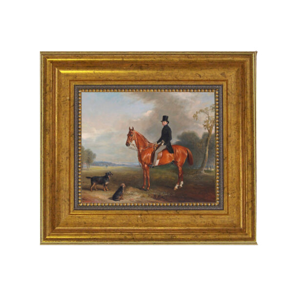 Equestrian Paintings Equestrian Sir Montague Welby on a Chestnut Hunter with Terrier by John Ferneley Snr Framed Oil Painting Print on Canvas in Antiqued Gold Frame. A 5″ x 6″ framed to 8-1/2″ x 9-1/2″.