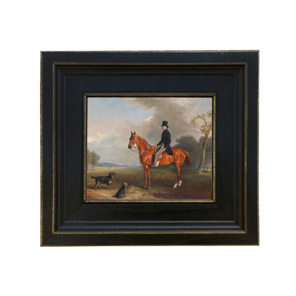 Equestrian Paintings Equestrian Sir Montague Welby on a Chestnut Hunter with Terrier by John Ferneley Snr Framed Oil Painting Print on Canvas in Distressed Black Wood Frame. A 5″ x 6″ framed to 8-1/2″ x 9-1/2″.