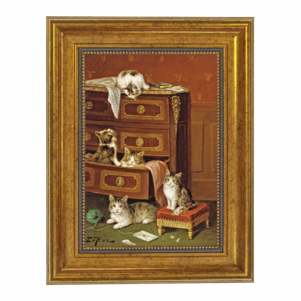 Farm and Pastoral Paintings Musical Kittens; A New Hiding Place by Jules Leroy Framed Oil Painting Print on Canvas in Antiqued Gold Frame