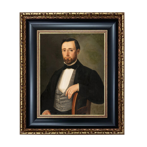 Portrait and Primitive Paintings Early Victorian Gentleman Framed Oil Painting Print on Canvas in Black and Antiqued Gold Frame