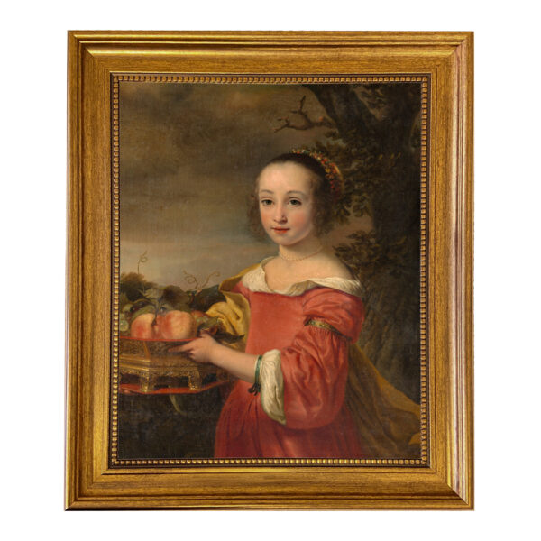 Portrait and Primitive Paintings Framed Art Petronella Elias with a Basket of Fruit by Ferdinand Bol Framed Oil Painting Print on Canvas in Antiqued Gold Frame. An 8×10″ framed to 11-1/2″ x 13-1/2″