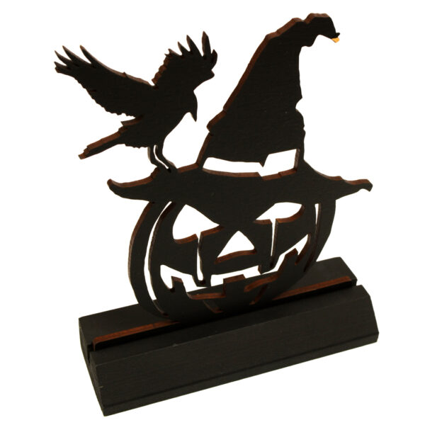 Holiday Silho Halloween 5″ Jack-O-Lantern and Crow Standing Wood Silhouette Halloween Tabletop Ornament Sculpture Decoration