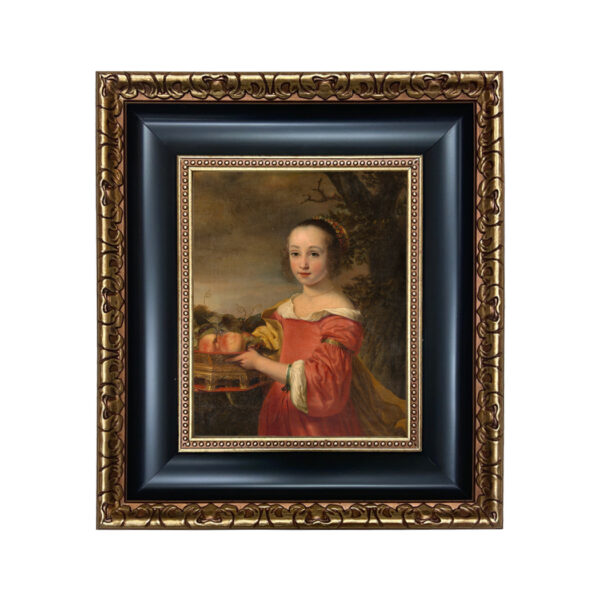 Portrait and Primitive Paintings Framed Art Petronella Elias with a Basket of Fruit by Ferdinand Bol Framed Oil Painting Print on Canvas in Black and Antiqued Gold Frame. An 8″ x 10″ framed to 14″ x 16″.