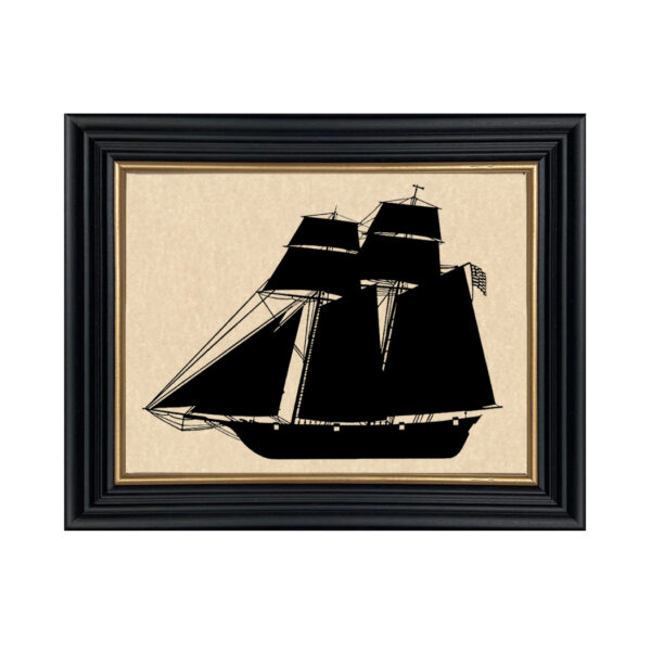 Framed Silhouette Nautical Baltimore Clipper Framed Paper Cut Silhouette in Black Wood Frame with Gold Trim. An 8 x 10″ framed to 10 x 12″.