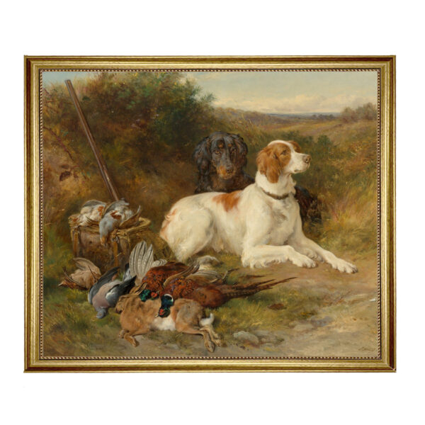 Sporting and Lodge Paintings Lodge/Landscape Hunting Dogs Framed Oil Painting Print on Canvas in Distressed Black Wood Frame. A 23-1/2 x 29-1/2″ framed to 27-1/2″x 33-1/2″