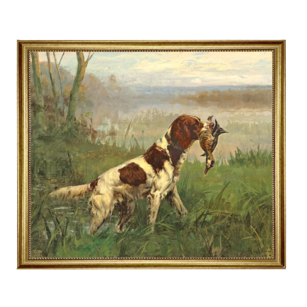 Sporting and Lodge Paintings Setter and a Ruddy Duck by Percival Leonard Rosseau Framed Oil Painting Print on Canvas in Antiqued Gold Frame. A 23.5 x 29.5″ framed to 27-1/2″ x 33-1/2″.