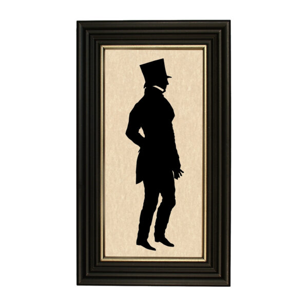 Silhouettes Early American James in Top Hat Framed Paper Cut Silhouette in Black Wood Frame with Gold Trim. A 5″ x 10″ framed to 7″ x 12″.