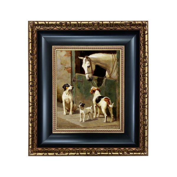 Equestrian/Fox Dogs Dog and Horse at Stable Framed Oil Painting Print on Canvas in Black and Antiqued Gold Frame. An 8″ x 10″ Framed to 14″ x 16″.